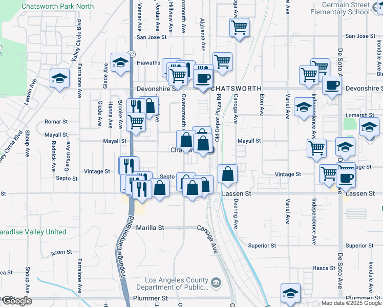 map of restaurants, bars, coffee shops, grocery stores, and more near 10030 Owensmouth Avenue in Los Angeles