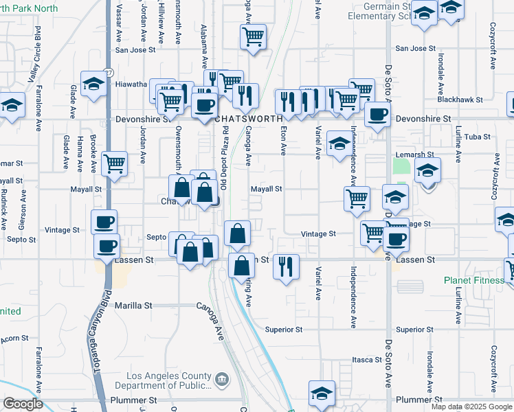 map of restaurants, bars, coffee shops, grocery stores, and more near 10019 Canoga Avenue in Los Angeles