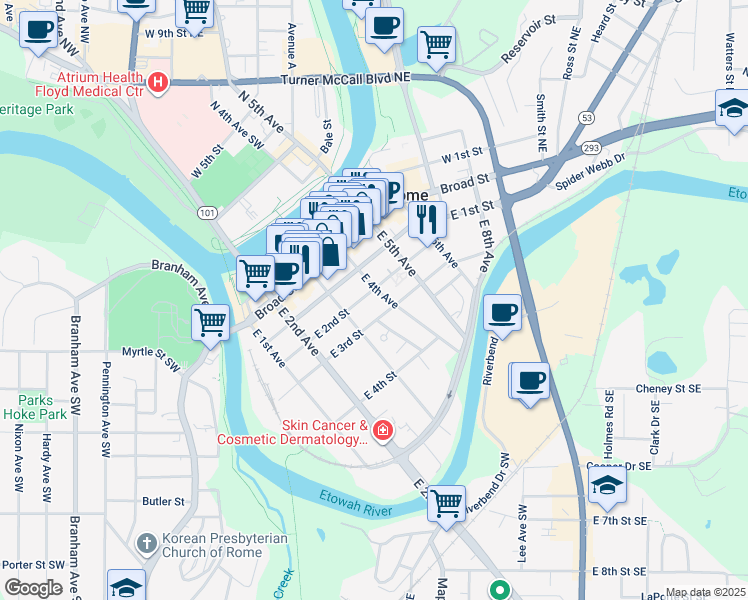 map of restaurants, bars, coffee shops, grocery stores, and more near 204 East 4th Avenue in Rome