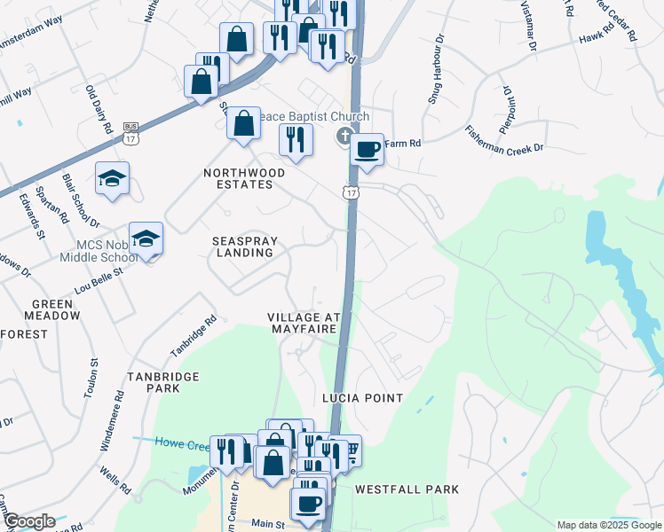 map of restaurants, bars, coffee shops, grocery stores, and more near 510 Sandcastle Court in Wilmington