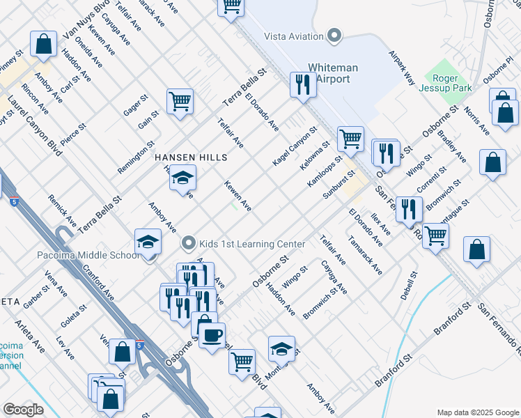 map of restaurants, bars, coffee shops, grocery stores, and more near 13046 Kelowna Street in Los Angeles