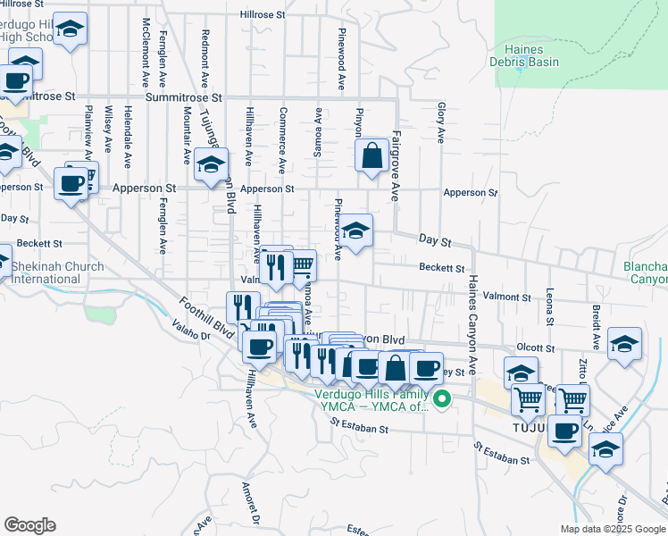map of restaurants, bars, coffee shops, grocery stores, and more near 10115 Pinewood Avenue in Los Angeles