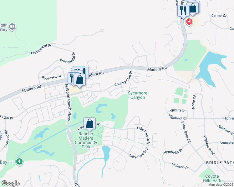 map of restaurants, bars, coffee shops, grocery stores, and more near North Country Club Drive in Simi Valley