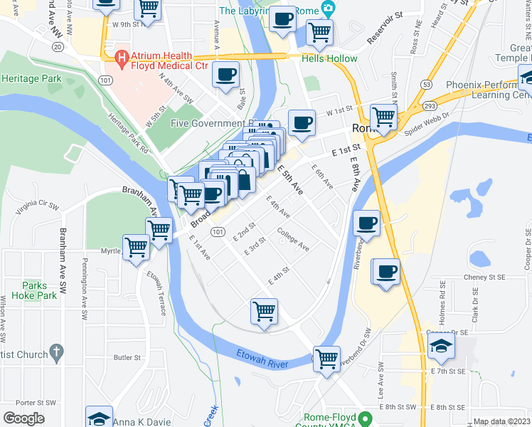map of restaurants, bars, coffee shops, grocery stores, and more near 399 East 2nd Street in Rome