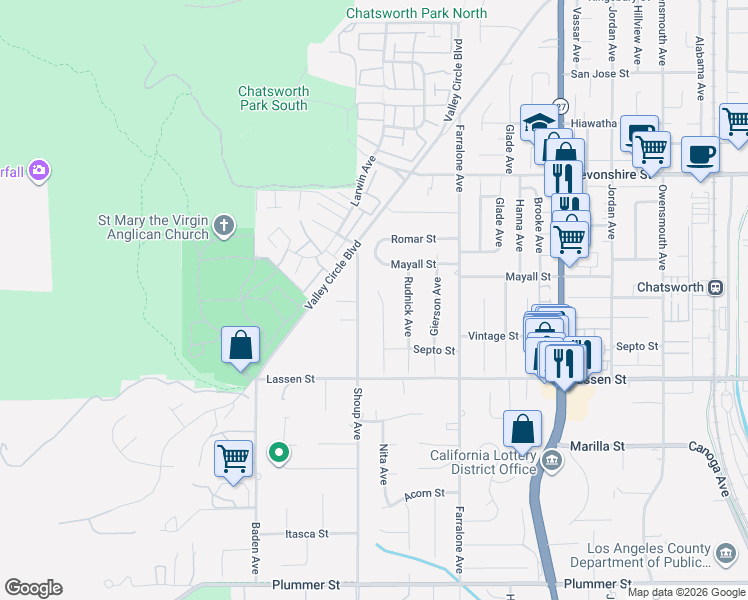 map of restaurants, bars, coffee shops, grocery stores, and more near 10035 Nita Avenue in Los Angeles