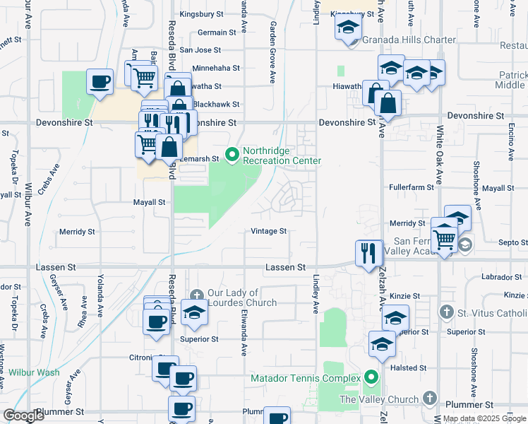 map of restaurants, bars, coffee shops, grocery stores, and more near 18170 Andrea Circle South in Los Angeles