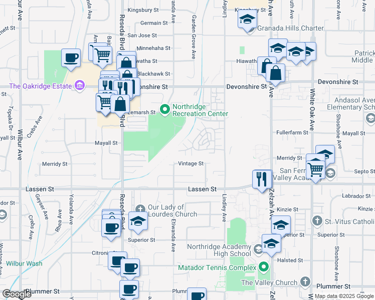 map of restaurants, bars, coffee shops, grocery stores, and more near 18231 Andrea Circle South in Los Angeles