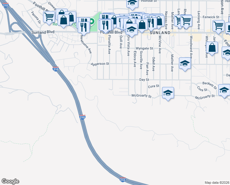 map of restaurants, bars, coffee shops, grocery stores, and more near 8455 McGroarty Street in Los Angeles