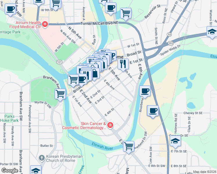 map of restaurants, bars, coffee shops, grocery stores, and more near 204 East 4th Avenue in Rome
