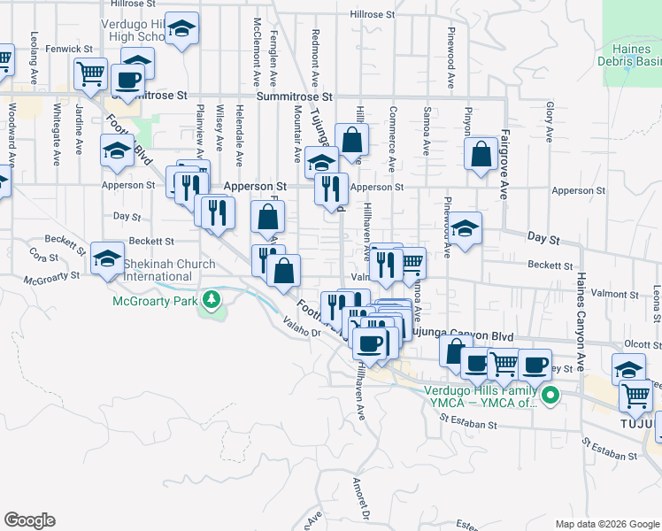 map of restaurants, bars, coffee shops, grocery stores, and more near 7307 Valmont Street in Los Angeles