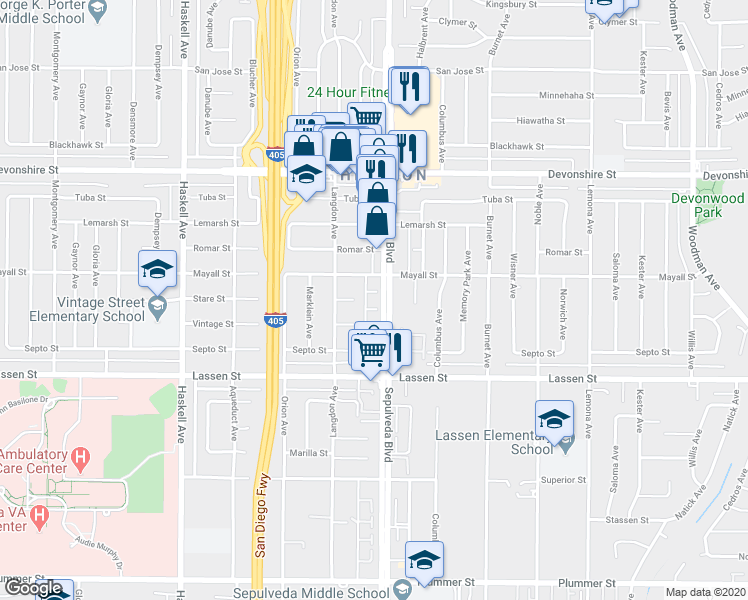 map of restaurants, bars, coffee shops, grocery stores, and more near 15434 Stare Street in Los Angeles