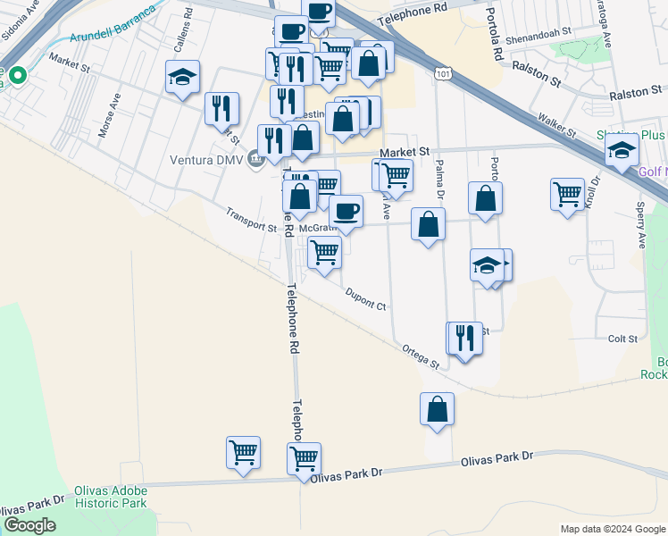 map of restaurants, bars, coffee shops, grocery stores, and more near 2264 Goodyear Avenue in Ventura