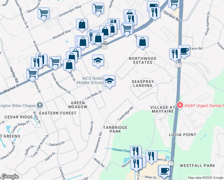 map of restaurants, bars, coffee shops, grocery stores, and more near 6520 Market Street in Wilmington