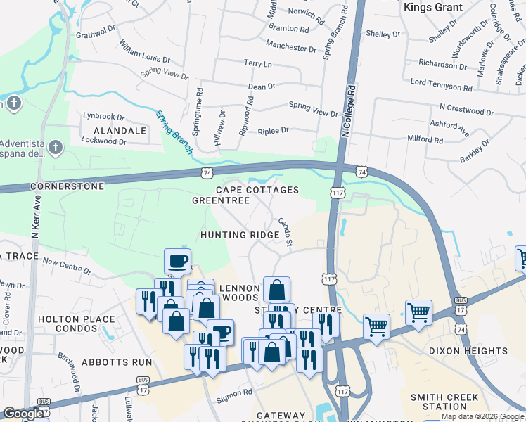 map of restaurants, bars, coffee shops, grocery stores, and more near 715 Clearwater Court in Wilmington