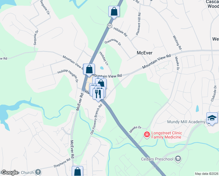 map of restaurants, bars, coffee shops, grocery stores, and more near 3737 Old Flowery Branch Road in Oakwood