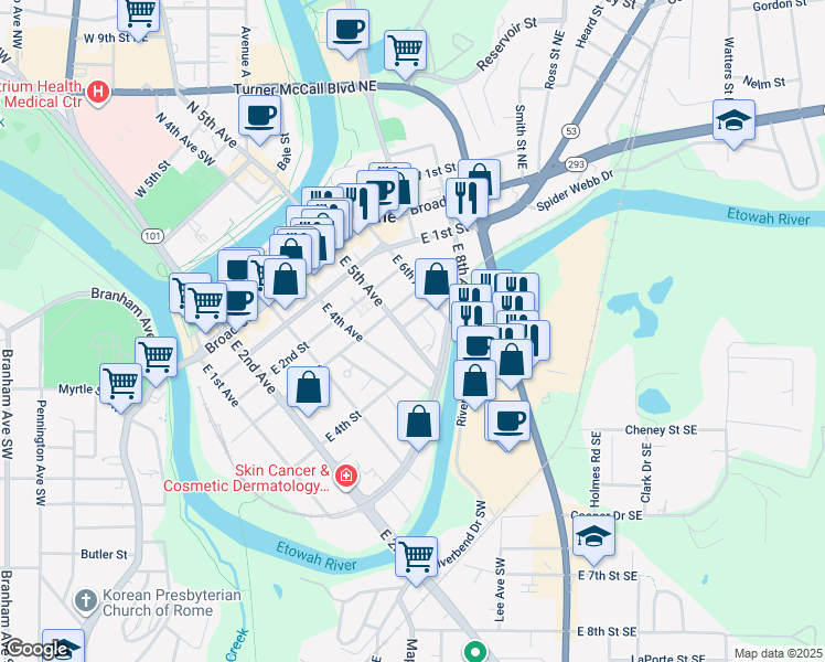 map of restaurants, bars, coffee shops, grocery stores, and more near 315 East 5th Avenue in Rome