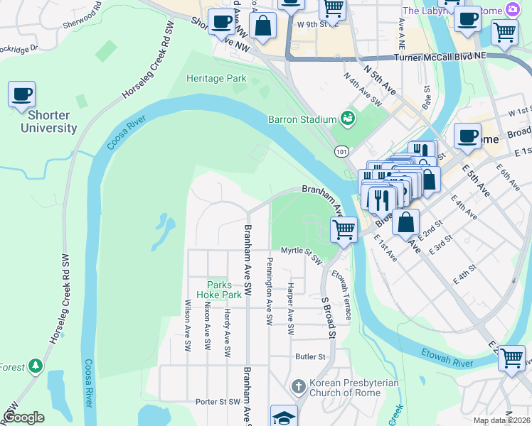 map of restaurants, bars, coffee shops, grocery stores, and more near 119 Branham Avenue Southwest in Rome