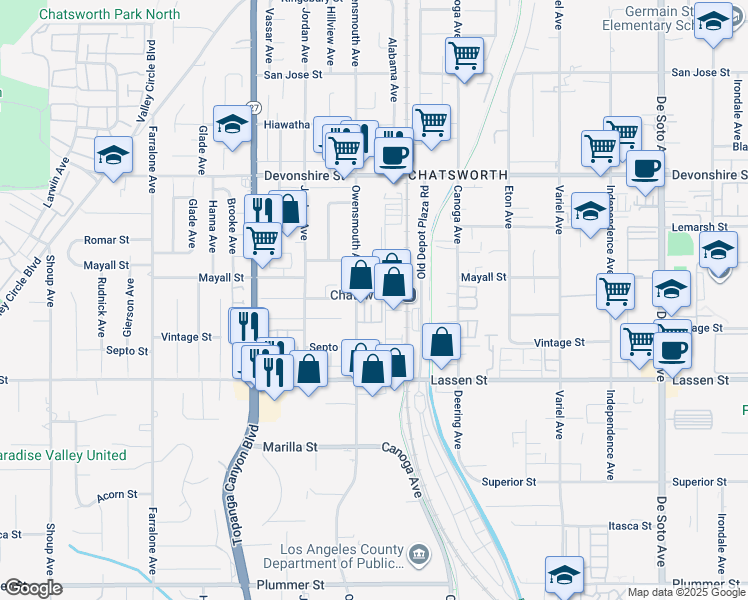 map of restaurants, bars, coffee shops, grocery stores, and more near 10030 Owensmouth Avenue in Los Angeles