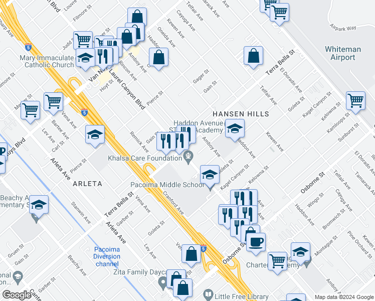 map of restaurants, bars, coffee shops, grocery stores, and more near 10040 Laurel Canyon Boulevard in Los Angeles