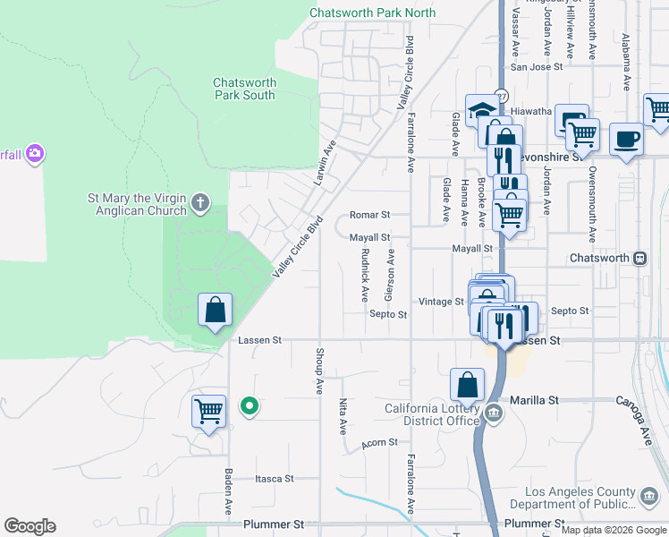 map of restaurants, bars, coffee shops, grocery stores, and more near 10035 Nita Avenue in Los Angeles