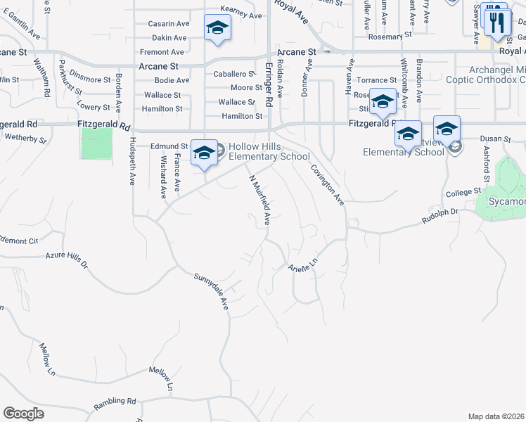 map of restaurants, bars, coffee shops, grocery stores, and more near 751 North Muirfield Avenue in Simi Valley