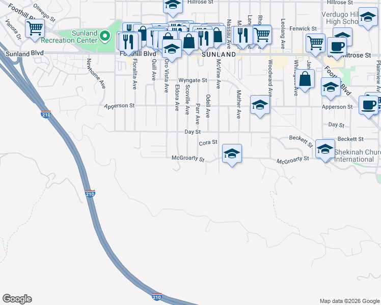 map of restaurants, bars, coffee shops, grocery stores, and more near 10112 Scoville Avenue in Los Angeles