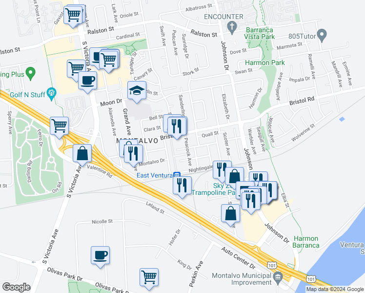 map of restaurants, bars, coffee shops, grocery stores, and more near 6373 Hummingbird Street in Ventura
