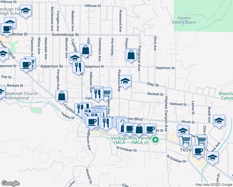 map of restaurants, bars, coffee shops, grocery stores, and more near 10119 Pinewood Avenue in Los Angeles