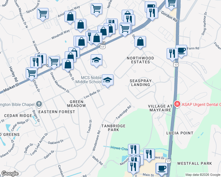 map of restaurants, bars, coffee shops, grocery stores, and more near 6520 Market Street in Wilmington