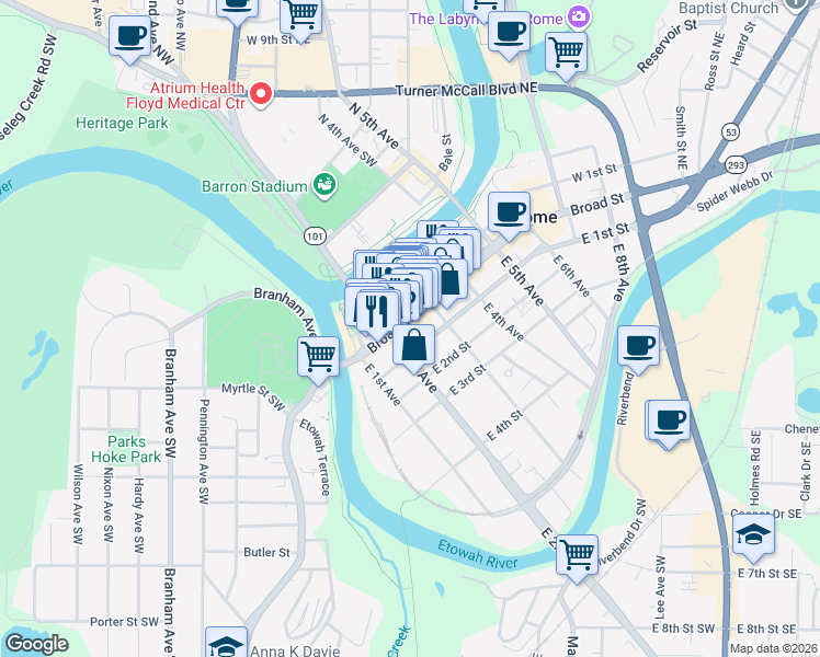 map of restaurants, bars, coffee shops, grocery stores, and more near 216 Broad Street in Rome