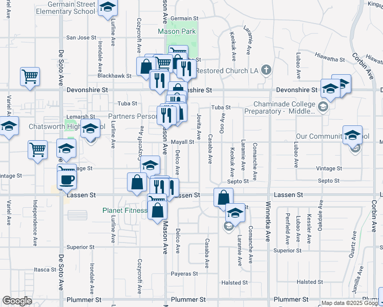 map of restaurants, bars, coffee shops, grocery stores, and more near 10034 Fullbright Avenue in Los Angeles