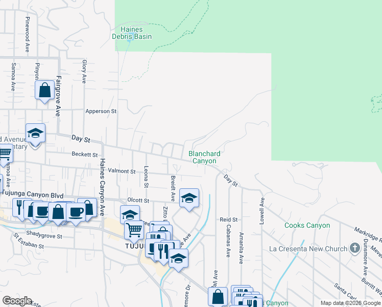 map of restaurants, bars, coffee shops, grocery stores, and more near 10157 Durkee Avenue in Los Angeles