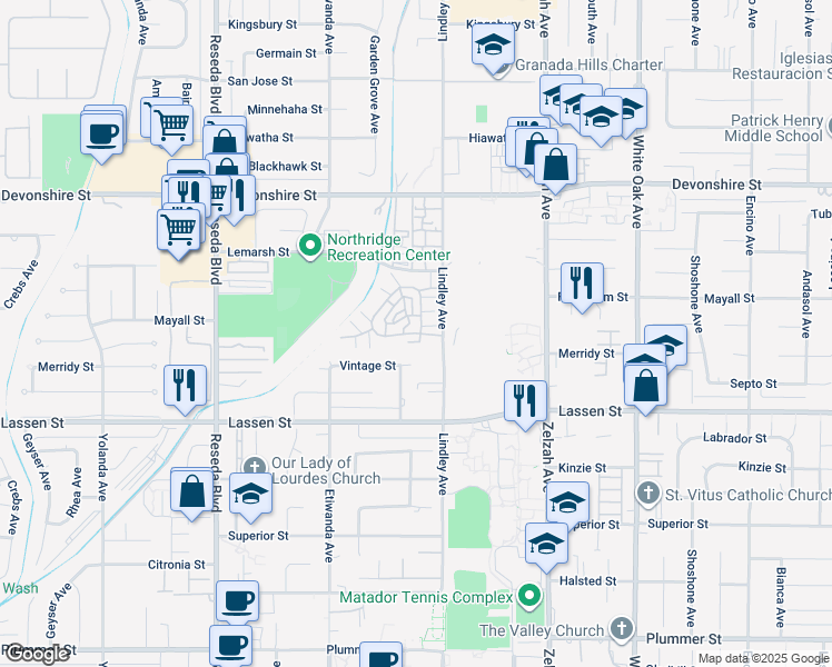 map of restaurants, bars, coffee shops, grocery stores, and more near 18231 Andrea Circle South in Los Angeles