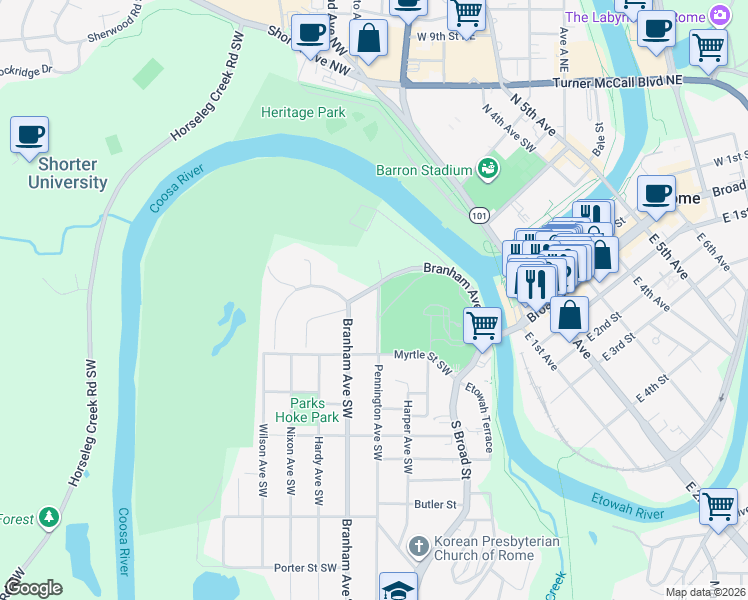 map of restaurants, bars, coffee shops, grocery stores, and more near 119 Branham Avenue Southwest in Rome