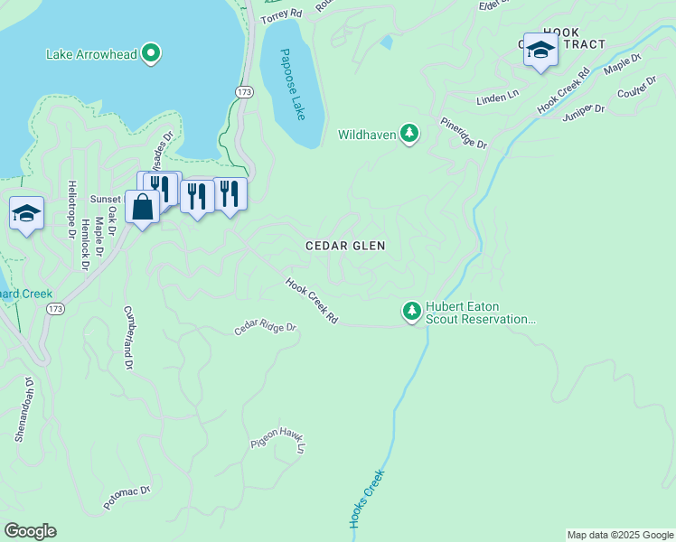 map of restaurants, bars, coffee shops, grocery stores, and more near 180 Glen Avon Drive in Lake Arrowhead