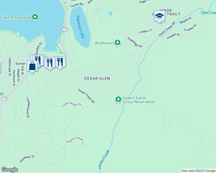 map of restaurants, bars, coffee shops, grocery stores, and more near 1556 Craghill Drive in Lake Arrowhead