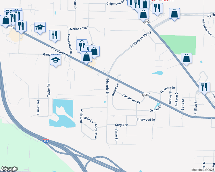 map of restaurants, bars, coffee shops, grocery stores, and more near 105 Edwards Street in Pine Bluff
