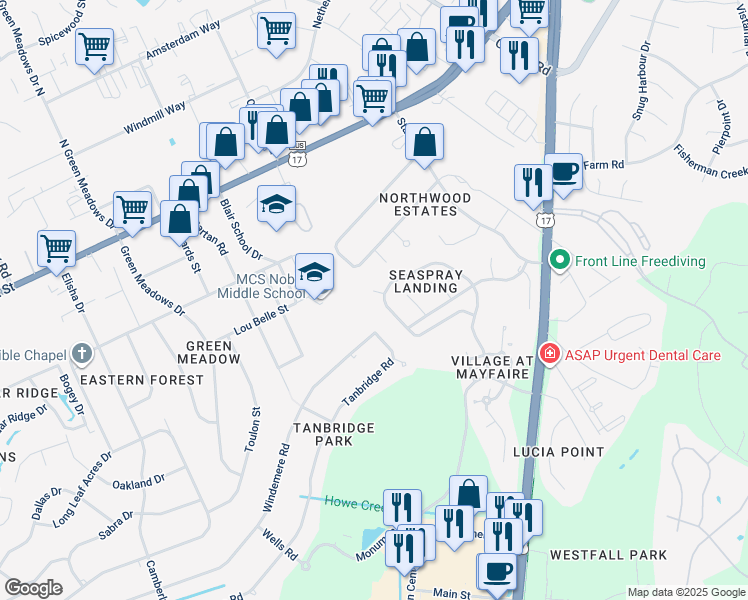 map of restaurants, bars, coffee shops, grocery stores, and more near 6603 Butter Clam Court in Wilmington