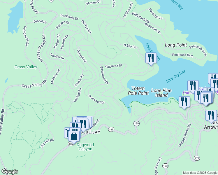 map of restaurants, bars, coffee shops, grocery stores, and more near 164 Birchwood Drive in Lake Arrowhead