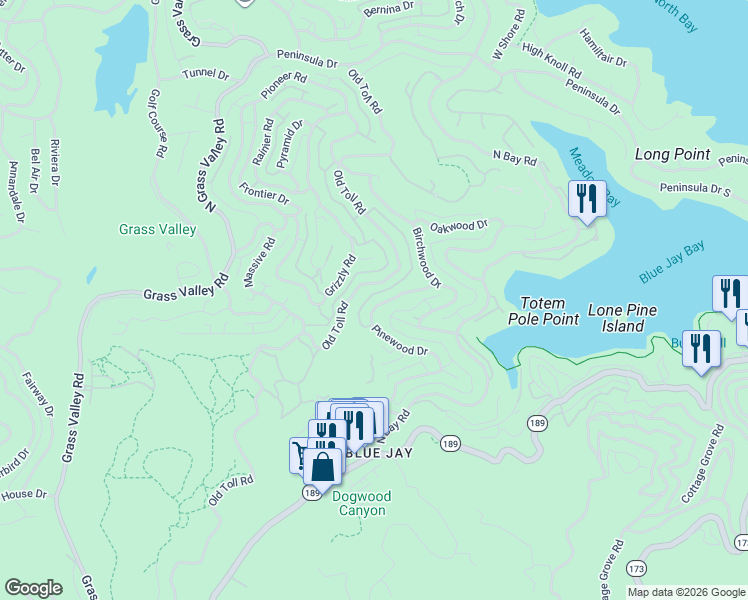 map of restaurants, bars, coffee shops, grocery stores, and more near 27319 Pinewood Drive in Lake Arrowhead
