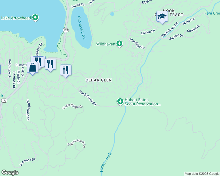 map of restaurants, bars, coffee shops, grocery stores, and more near 1556 Craghill Drive in Lake Arrowhead