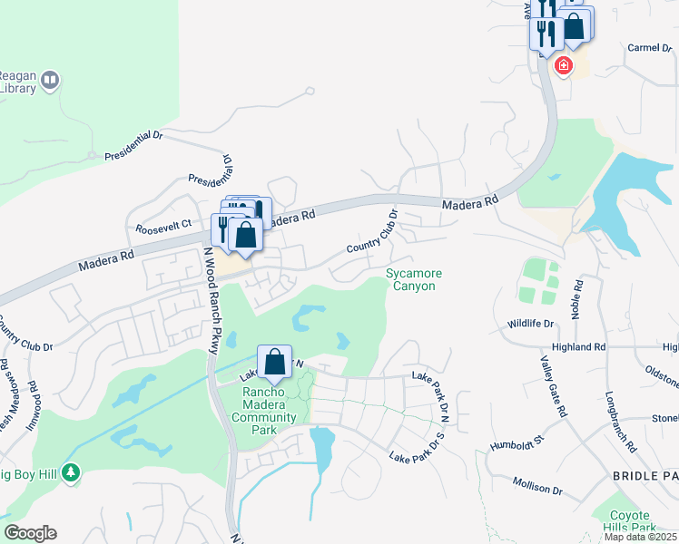map of restaurants, bars, coffee shops, grocery stores, and more near 390 Country Club Drive in Simi Valley