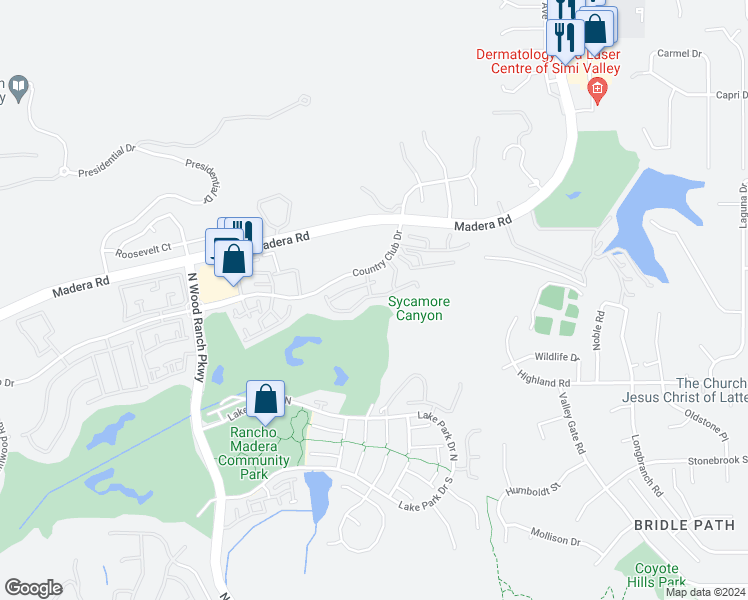 map of restaurants, bars, coffee shops, grocery stores, and more near 260 Country Club Drive in Simi Valley