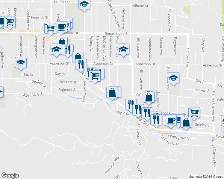 map of restaurants, bars, coffee shops, grocery stores, and more near 7451 Valmont Street in Los Angeles