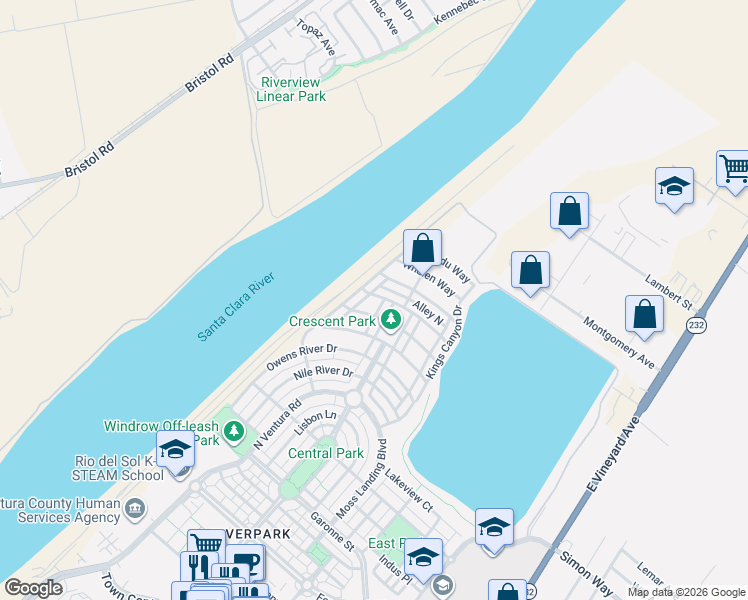 map of restaurants, bars, coffee shops, grocery stores, and more near 671 Rio Grande Way in Oxnard