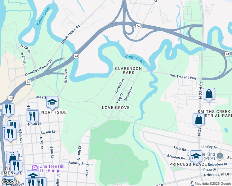 map of restaurants, bars, coffee shops, grocery stores, and more near 1402 King Street in Wilmington