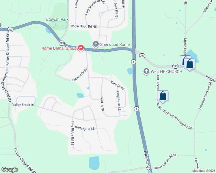map of restaurants, bars, coffee shops, grocery stores, and more near 5 Ford Road Southeast in Rome