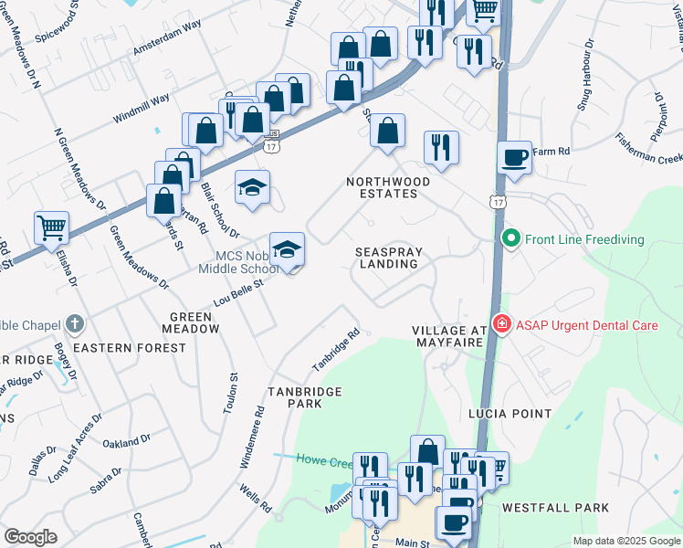 map of restaurants, bars, coffee shops, grocery stores, and more near 6603 Butter Clam Court in Wilmington