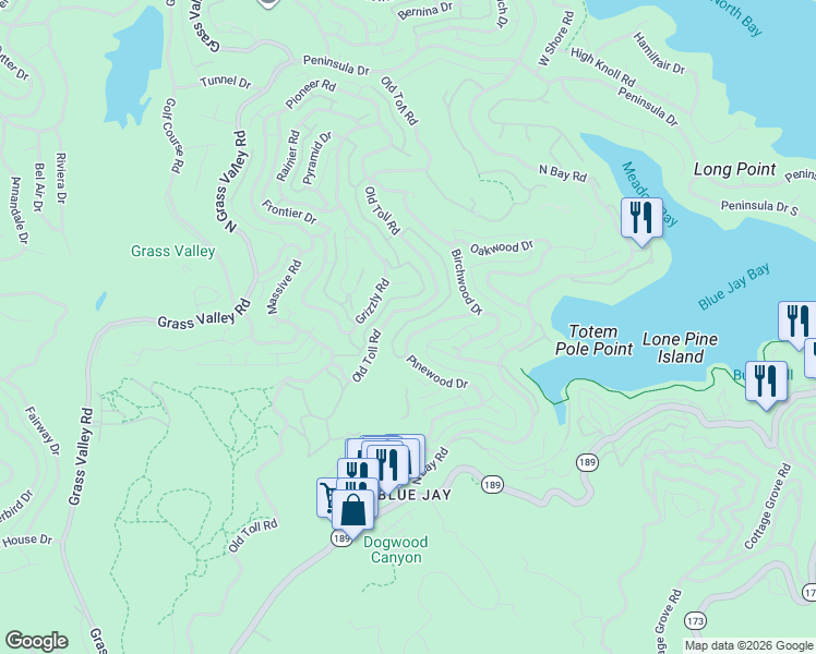 map of restaurants, bars, coffee shops, grocery stores, and more near 27319 Pinewood Drive in Lake Arrowhead