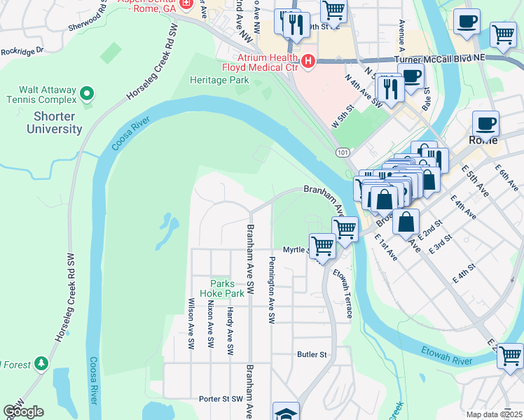 map of restaurants, bars, coffee shops, grocery stores, and more near 125 Branham Avenue Southwest in Rome